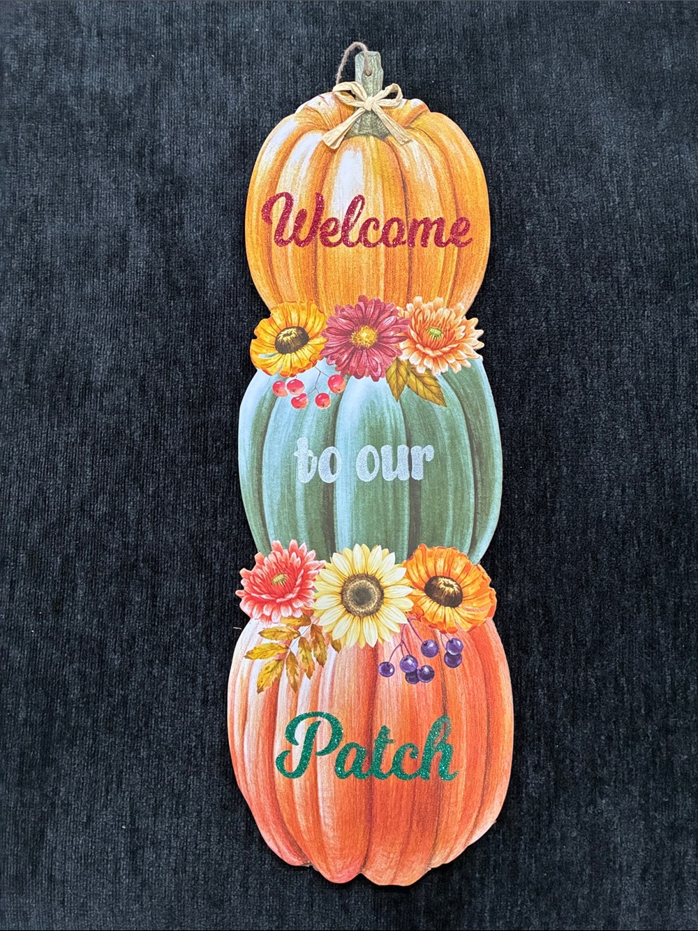 NWT- 24”- Glittered Welcome to Our Patch- Triple Pumpkin Fall Wall Decor Sign